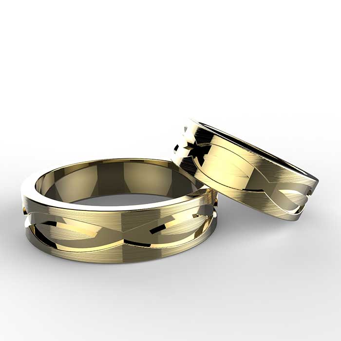 Infinity Ring fedi nuziali in orogo giallo satinato con simboli dell'infinito